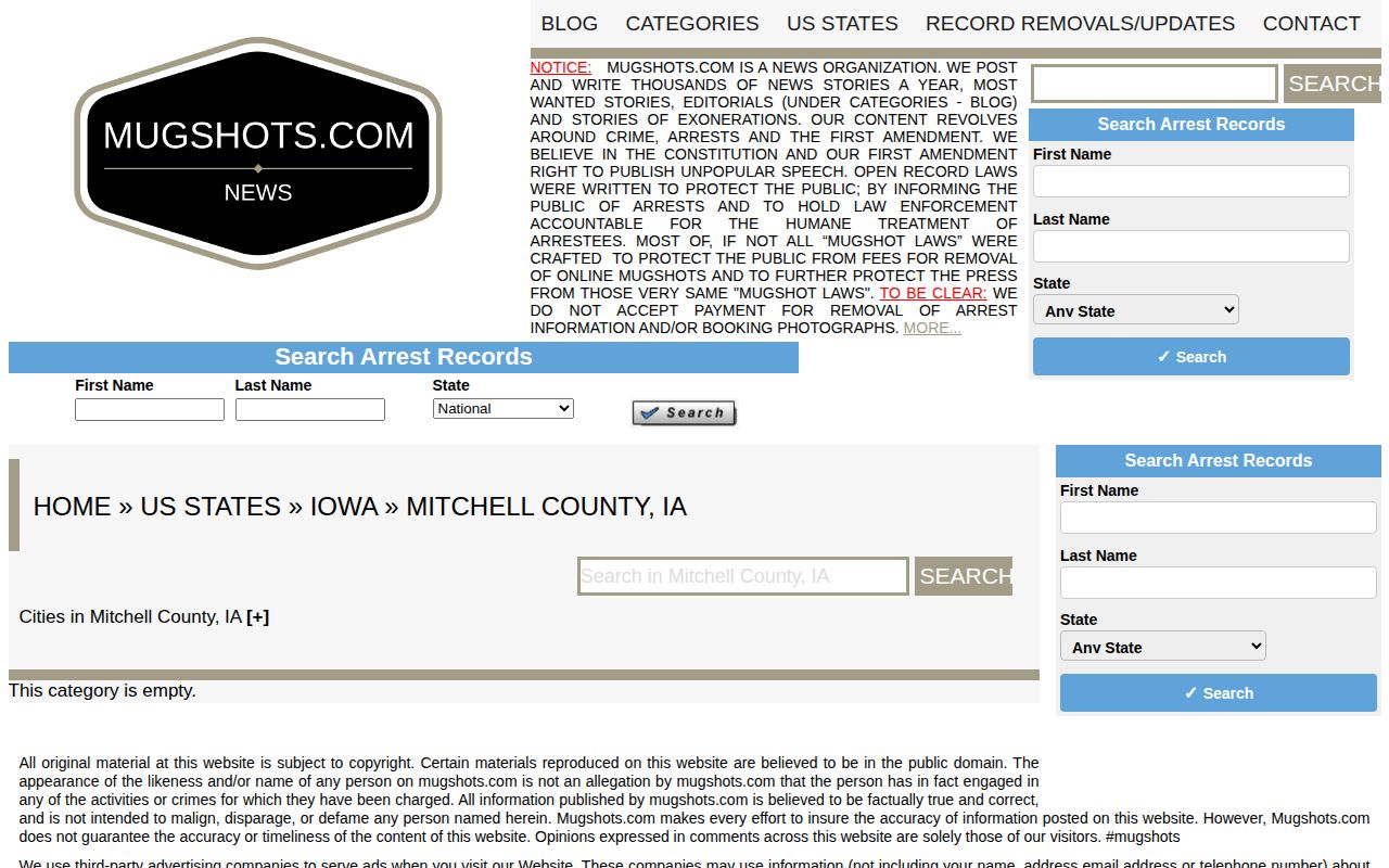 Unofficial Mitchell County mugshot category showing empty coverage
