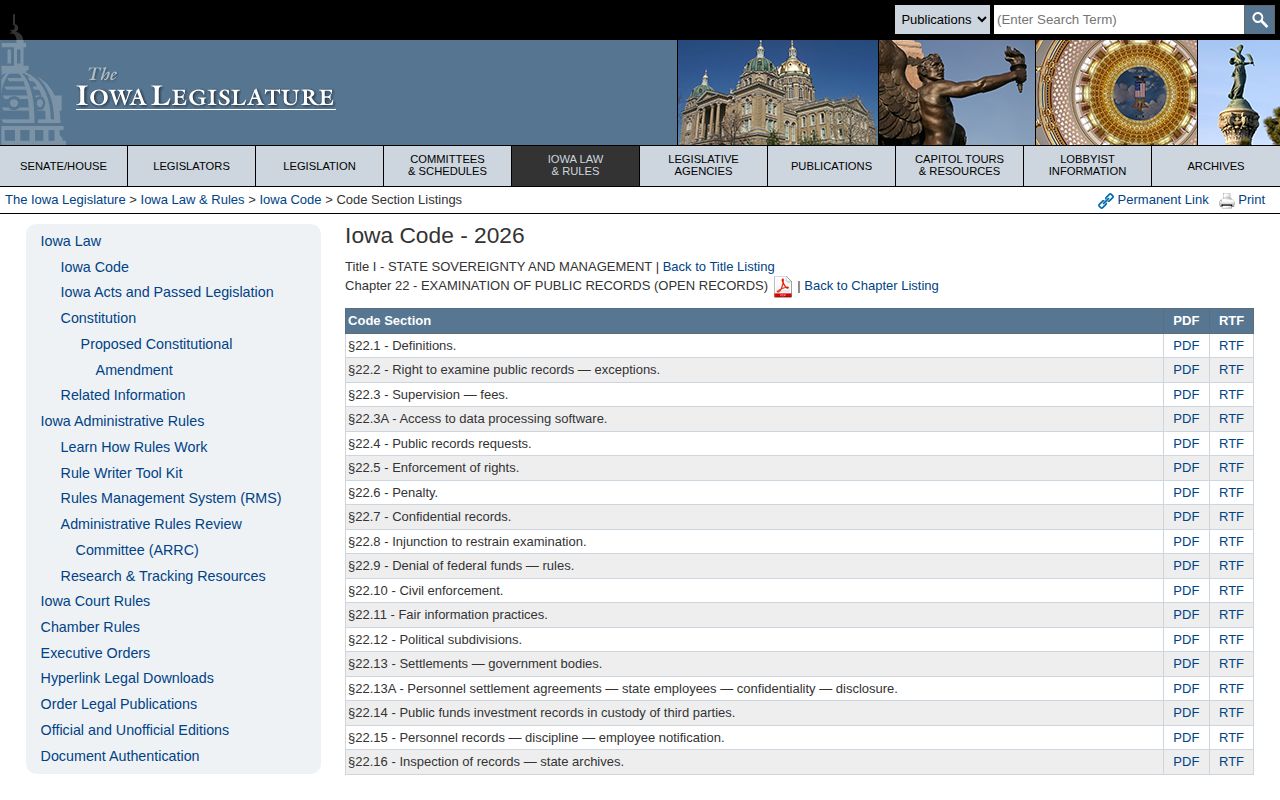 Iowa public records statute table for Mitchell County booking records